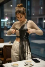 Black Skirt with Leather Studs and Asymmetrical Tassels - SH1014