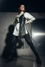 Black Skirt with Leather Studs and Asymmetrical Tassels - SH1014 - Image 3