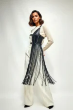 Black Skirt with Leather Studs and Asymmetrical Tassels - SH1014 - Image 5