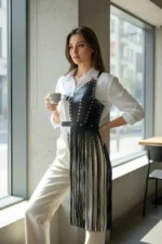 Black Skirt with Leather Studs and Asymmetrical Tassels - SH1014 - Image 6