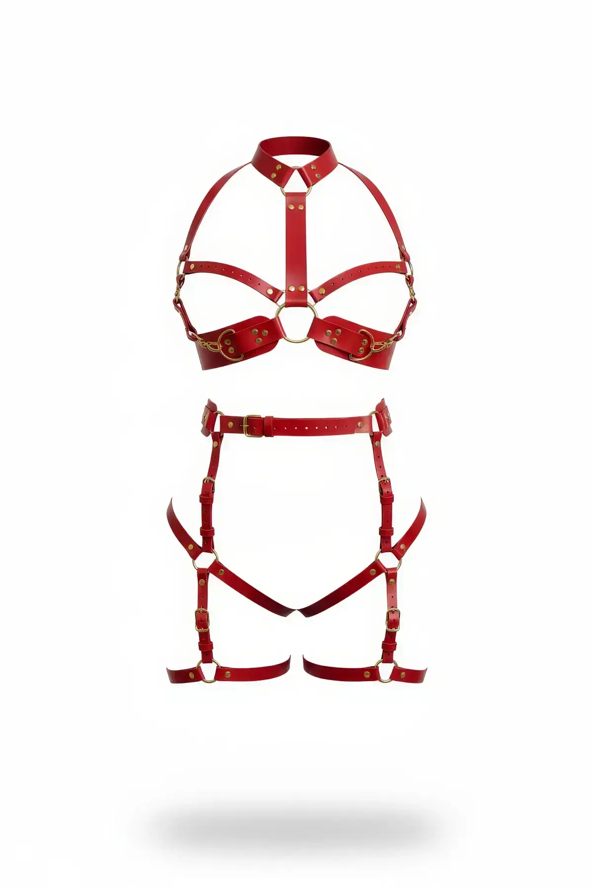 Red Harness Set with Gold Buckle and Chain Detail, Leather Set - SH1016