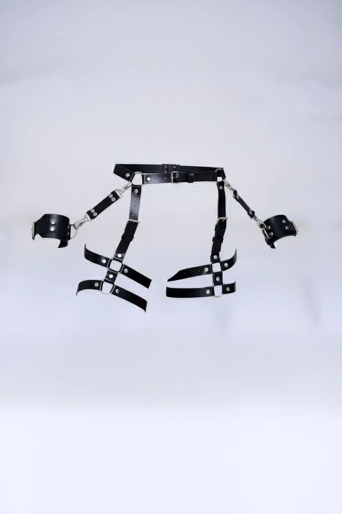 Black Thong - Panties with Multiple Belts, Metal Details, and Wrist Cuff Garter - SH1022