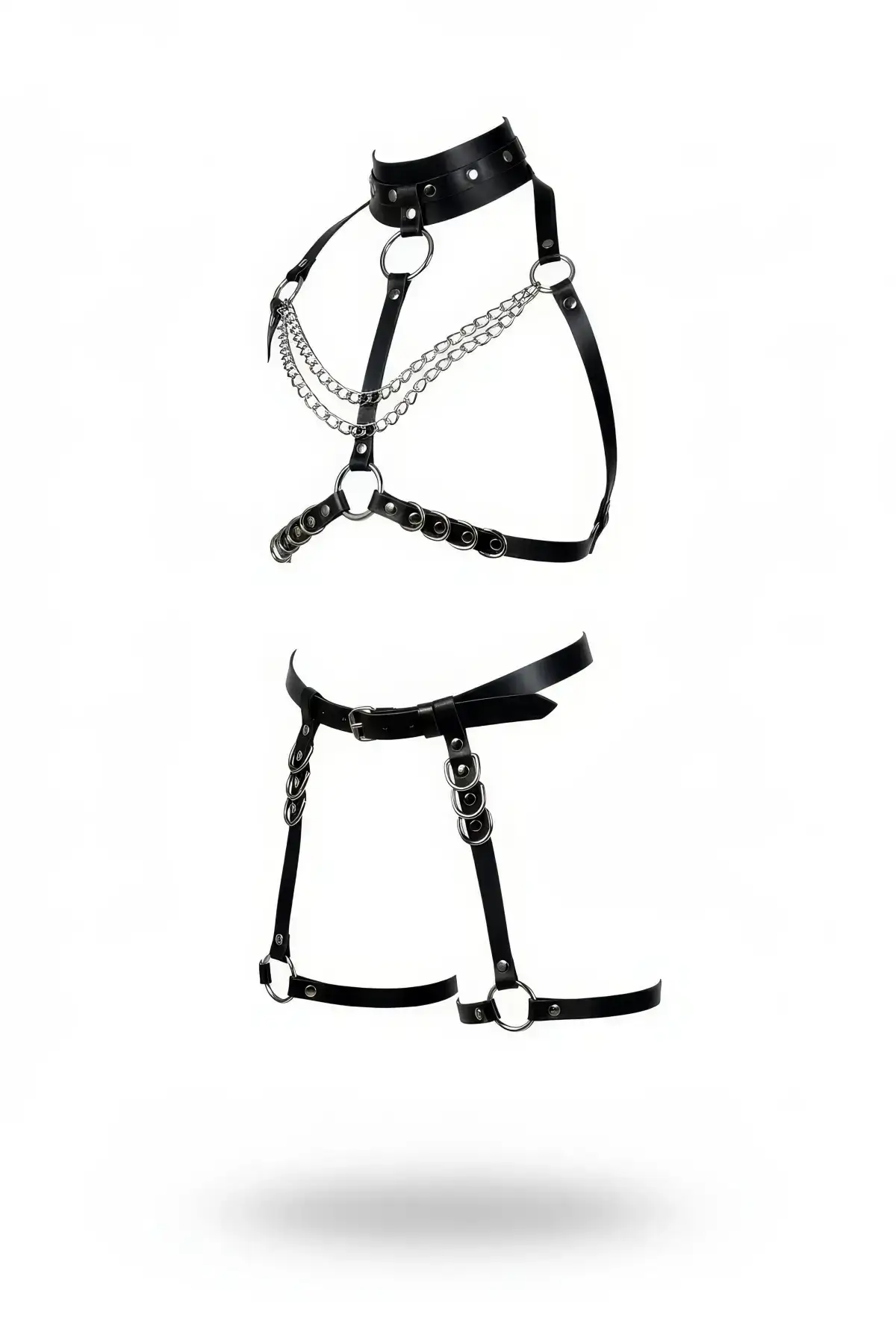 Black Harness Set with Chain and Link Detail and Neck Strap - SH1081