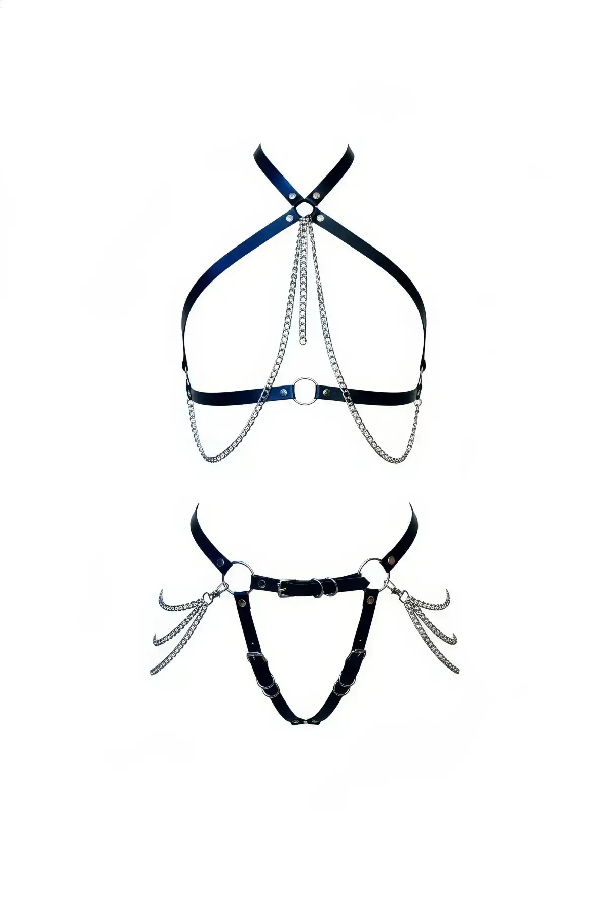 Black Harness Set Leather Body Belt with Chain Detail - SH1084