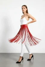 Red Tassel Skirt, Faux Leather High Waist Skirt - SH1090