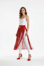 Red Tassel Skirt, Faux Leather High Waist Skirt - SH1090 - Image 2
