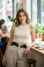 Black Women's Belt with Chain Detail Wide Waist Accessory - SH1121 - Image 4