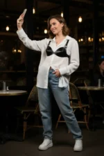 Black Women's Belted Leather Bustier with Shoulder Detail - SH1149 - Image 3