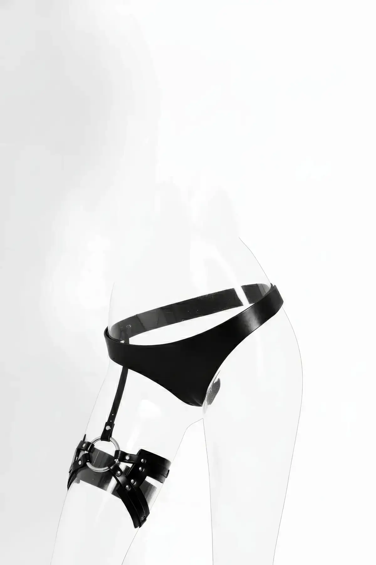 Black Thong - Panties with Leather and Metal Ring Detail - SH1156