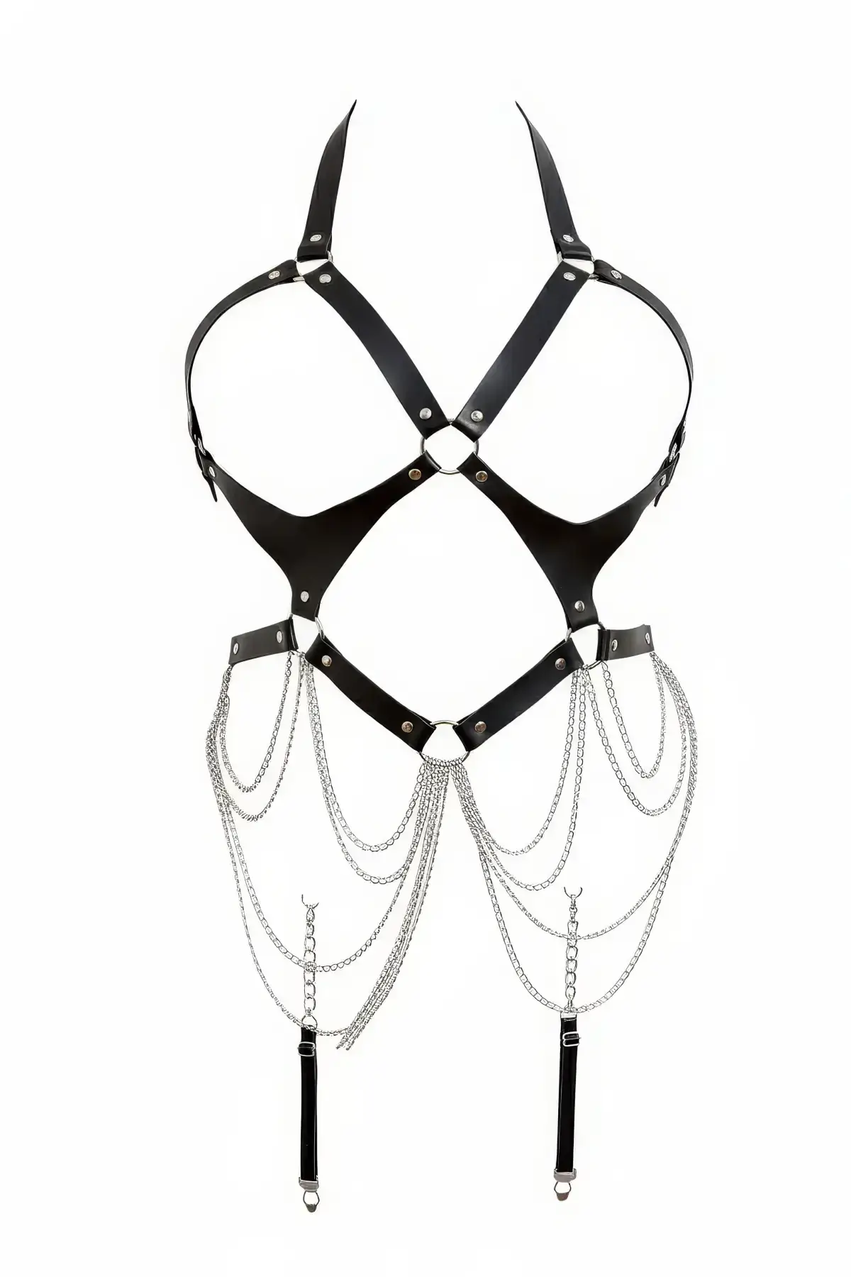 Black Body Harness Faux Leather Body Accessory with Chain Detail - SH1161