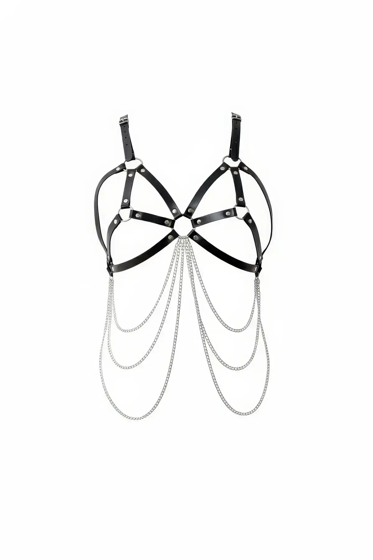 Black Chest Harness Leather Body Accessory with Chain Detail - SH1175