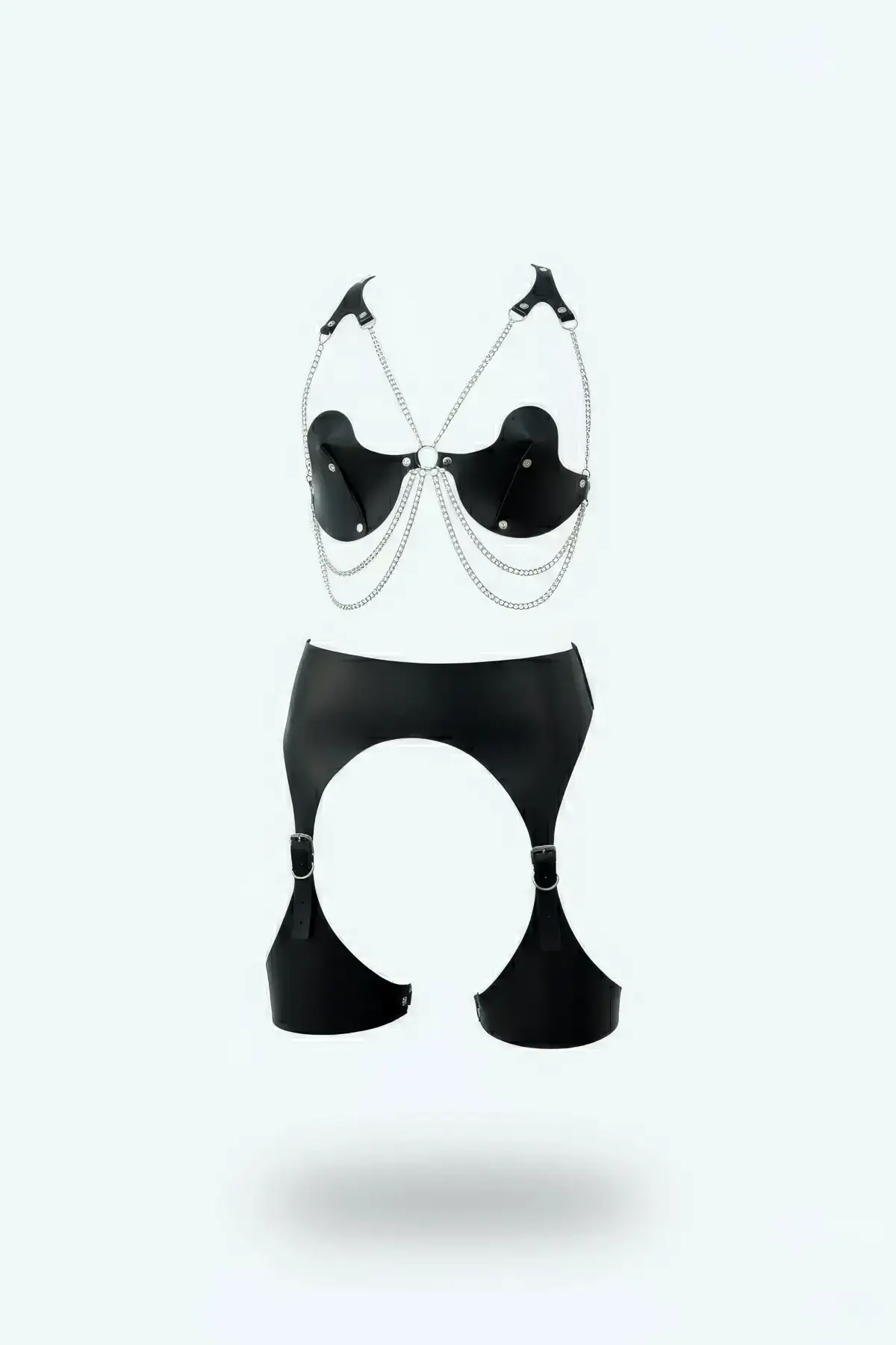 Black Harness Set with Chain Detail, Faux Leather Garters - SH1221