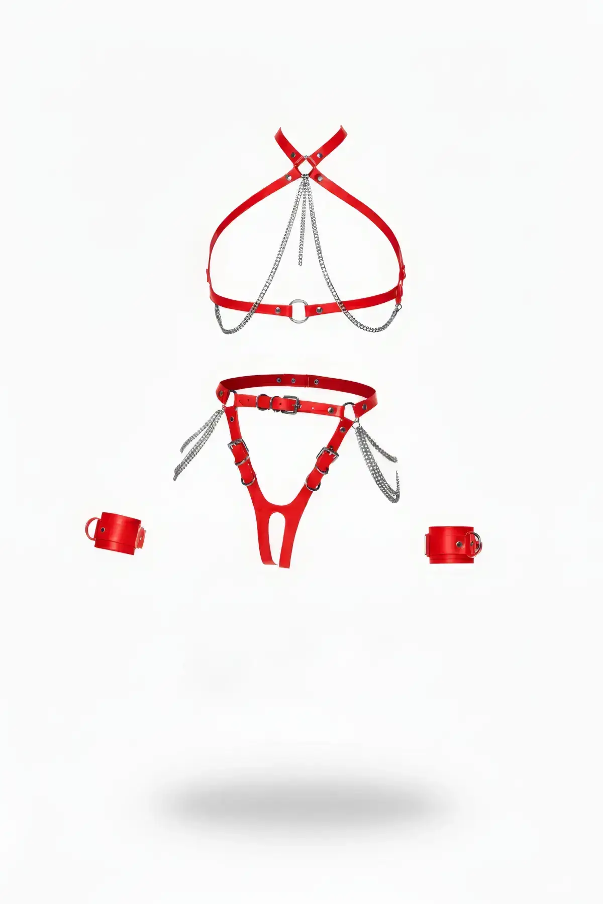 Red Harness Set with Chain Detail, 4-Piece Bodysuit - SH1224