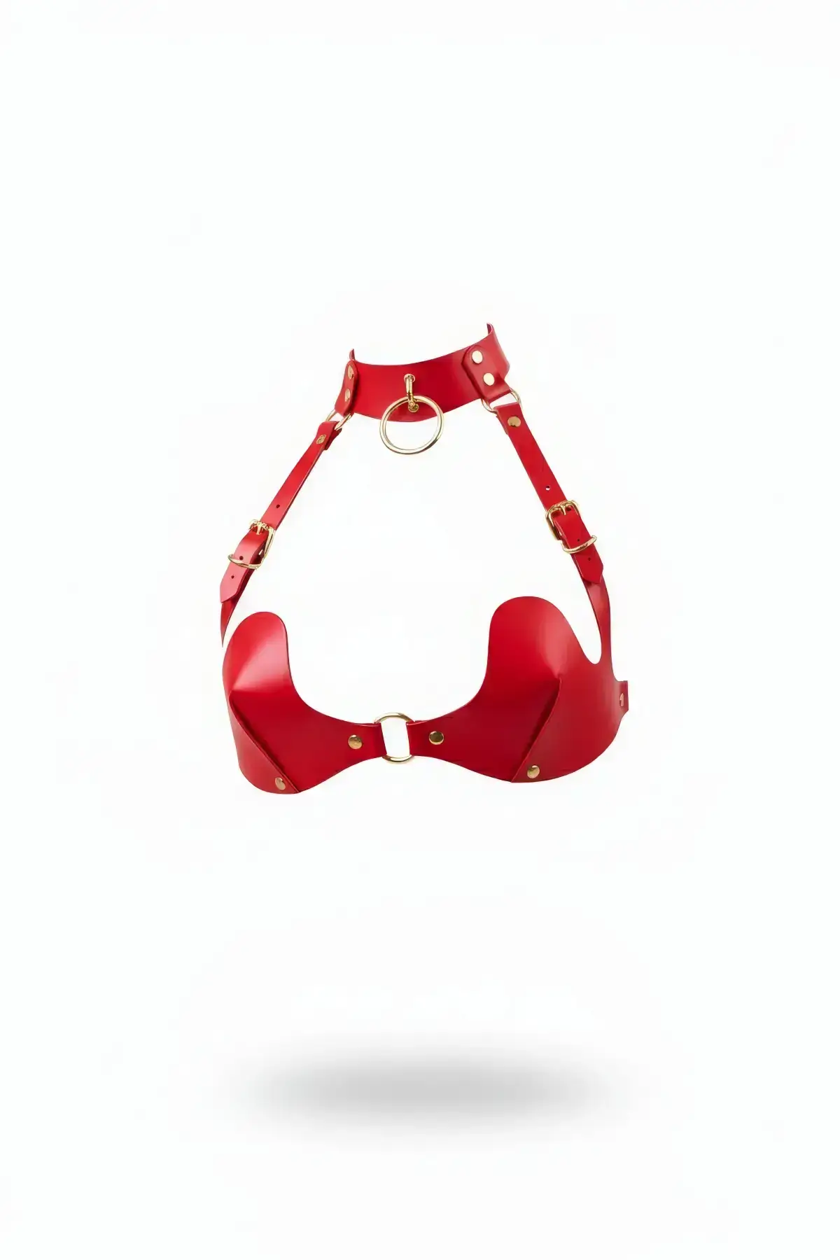Red Chest Harness Leather Corset with Gold Buckle and Neckline - SH1226