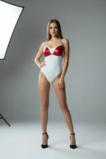 Red Breast Harness with Shiny Cups and Metal Ring Detail - SH1227 - Image 2