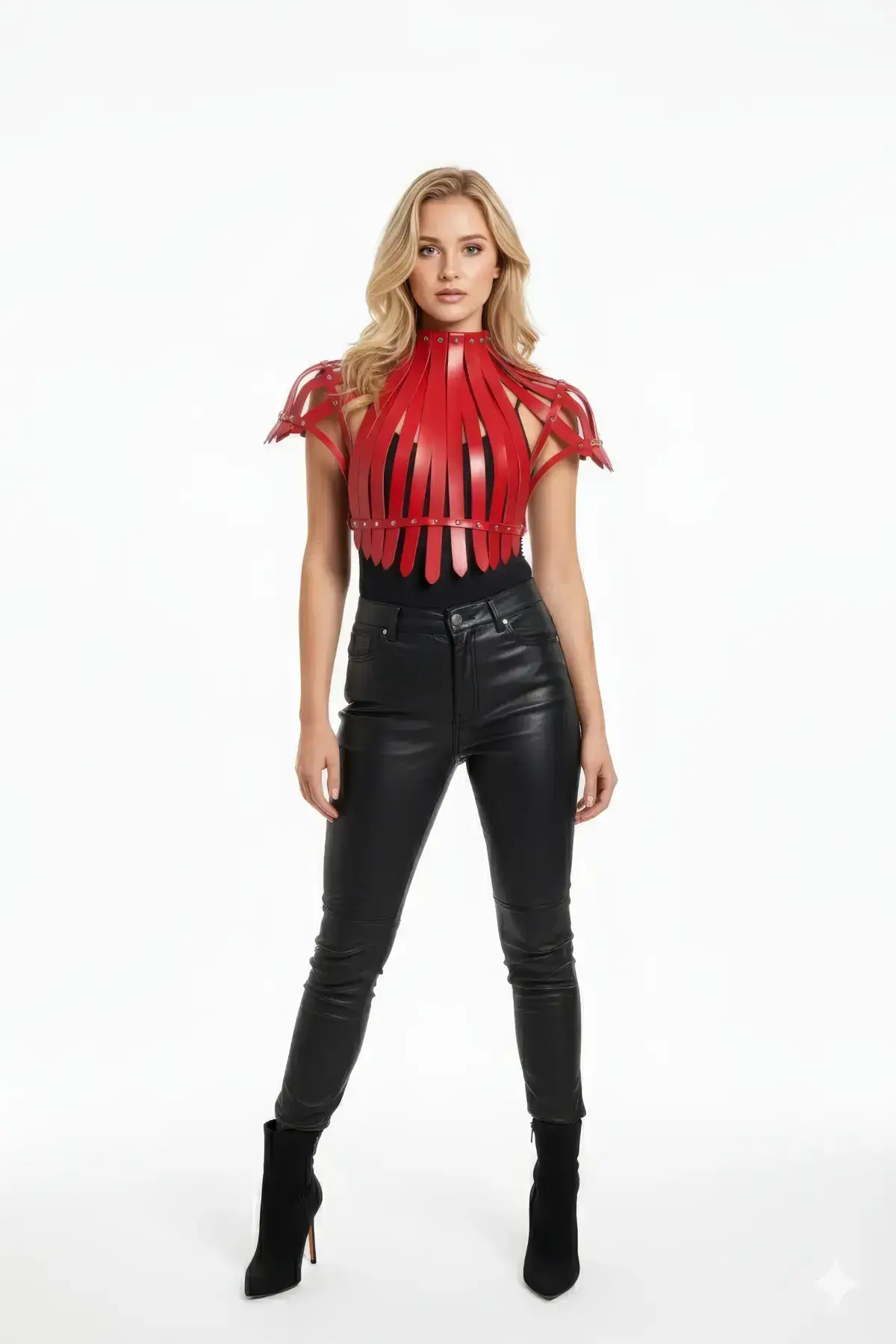 Red Women's Belt with Leather Studded Corset Detail - SH1257