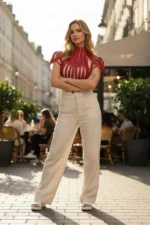 Red Women's Belt with Leather Studded Corset Detail - SH1257 - Image 3