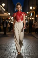 Red Women's Belt with Leather Studded Corset Detail - SH1257 - Image 4