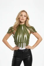 Khaki Women's Leather High Collar Corset with Studs - SH1257