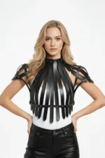 Black Women's High Collar Studded Belt with Belt Stripe Detail - SH1257 - Image 2