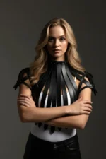 Black Women's High Collar Studded Belt with Belt Stripe Detail - SH1257 - Image 3