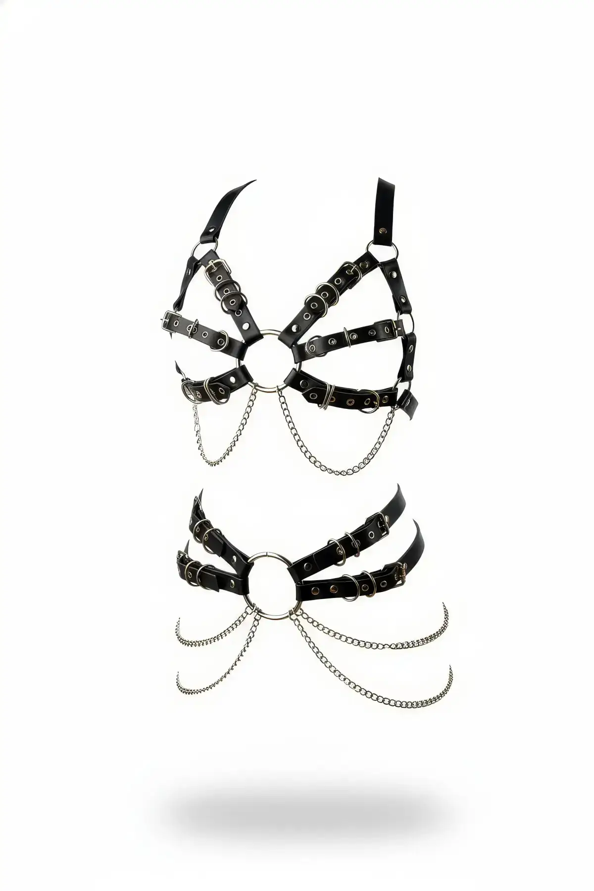 Black Harness Set with Chain Detail and Metal Ring Accessories - SH1260