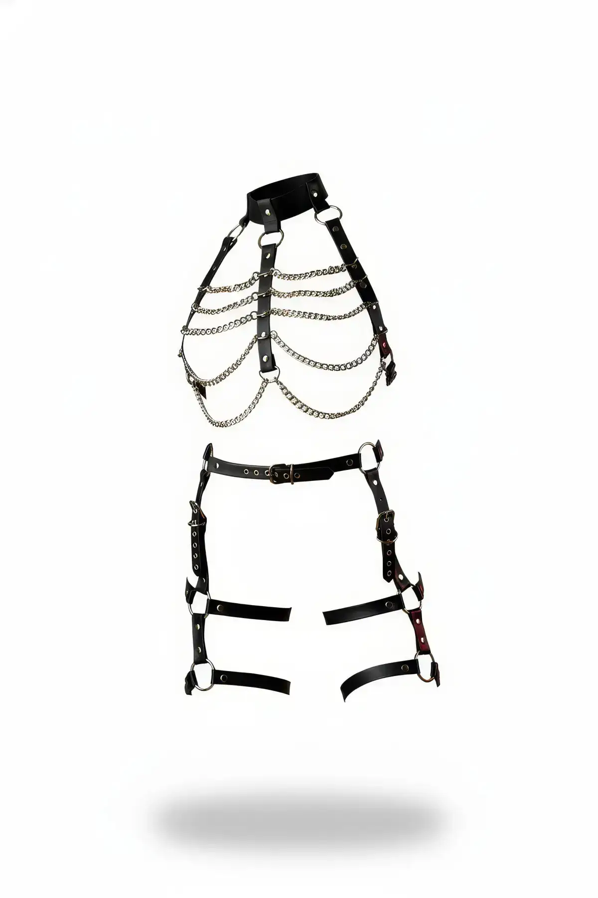 Black Harness Set with Chain Detail, High Collar Body Accessory - SH1262