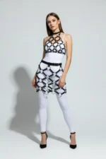 Black Skirt with Metal Ring Detail, Faux Leather Skirt, Cage Pattern - SH1289