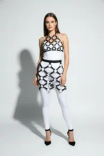 Black Skirt with Metal Ring Detail, Faux Leather Skirt, Cage Pattern - SH1289 - Image 2