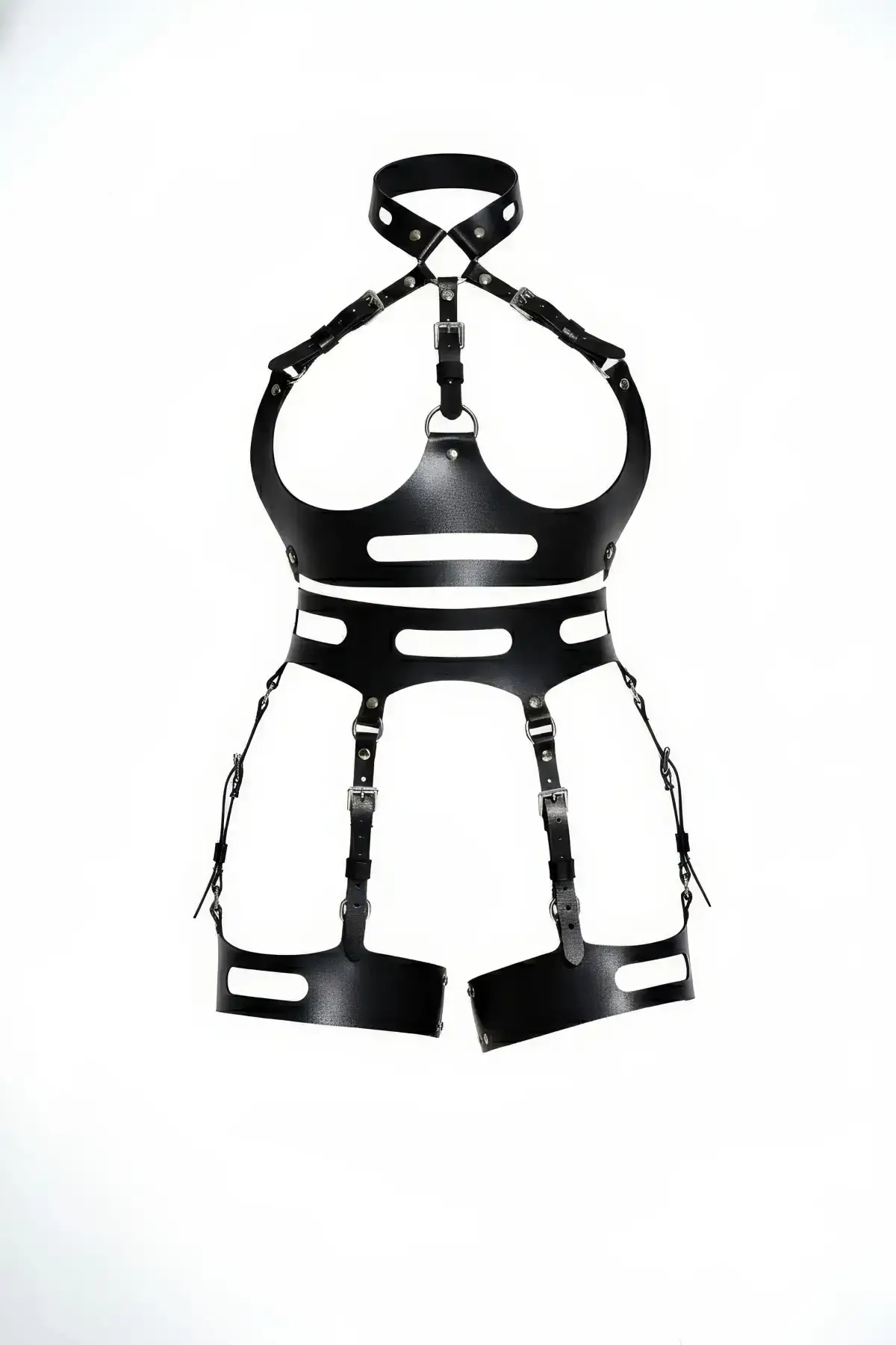 Black Garter Harness Leather Body Corset with Buckle - SH1302