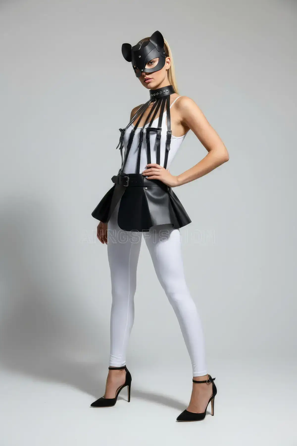 Black Skirt, Faux Leather Skirt, Peplum Skirt with Belt Detail - SH1313