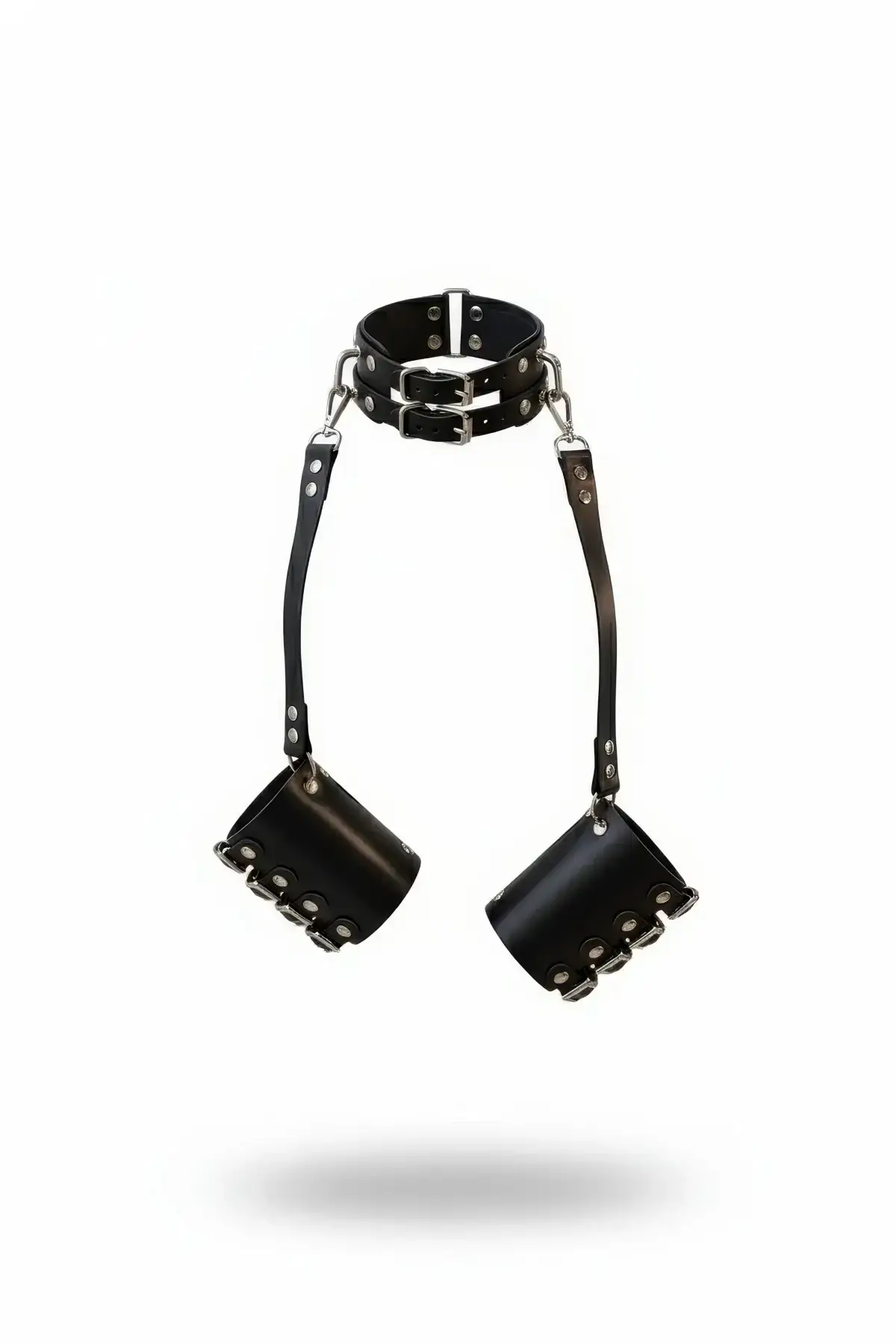 Black Whip - Handcuff Double Buckle Leather Neck Collar Wrist Cuff Set - SH1367