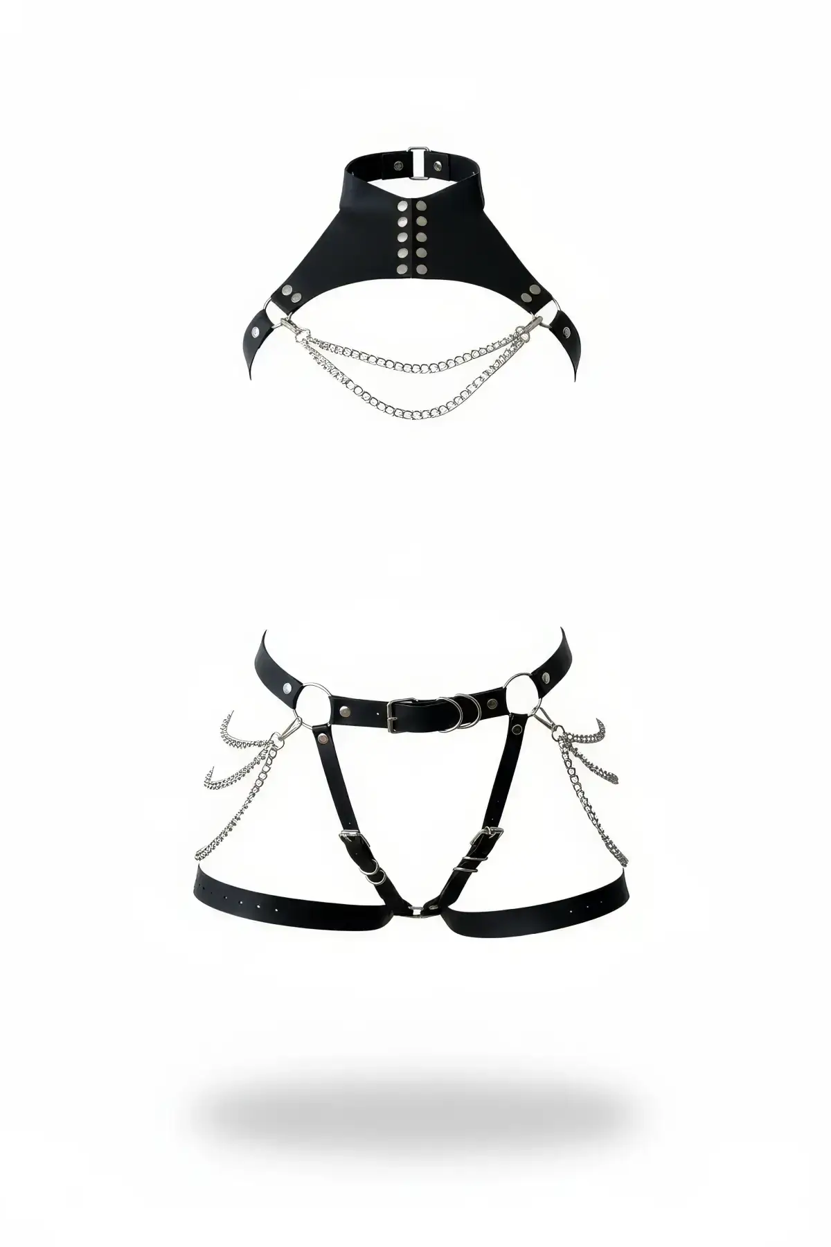Black Leather Garter Harness Two-Piece Set with Chain Detail - SH1369
