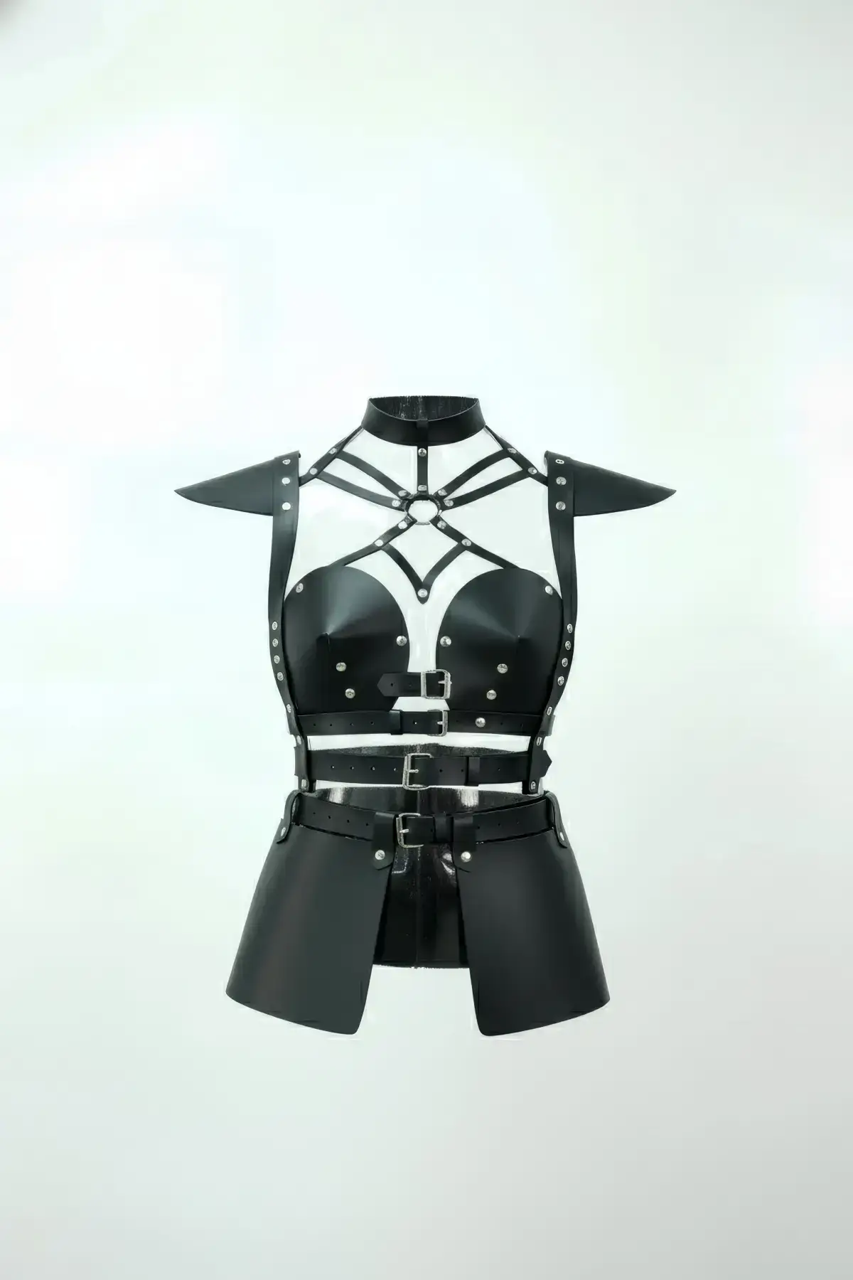 Black Faux Leather Skirt with Belt Buckle and Stud Details - SH1371