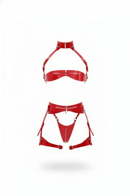 Red Garter Harness Set, Shiny Leather, Zip-Up - SH1373