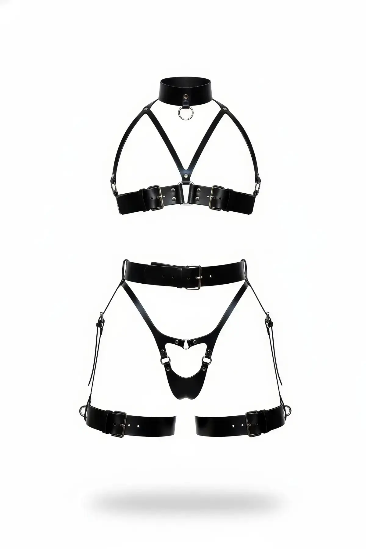 Black Harness Set with Leather Buckle and Necklace Detail - SH1378