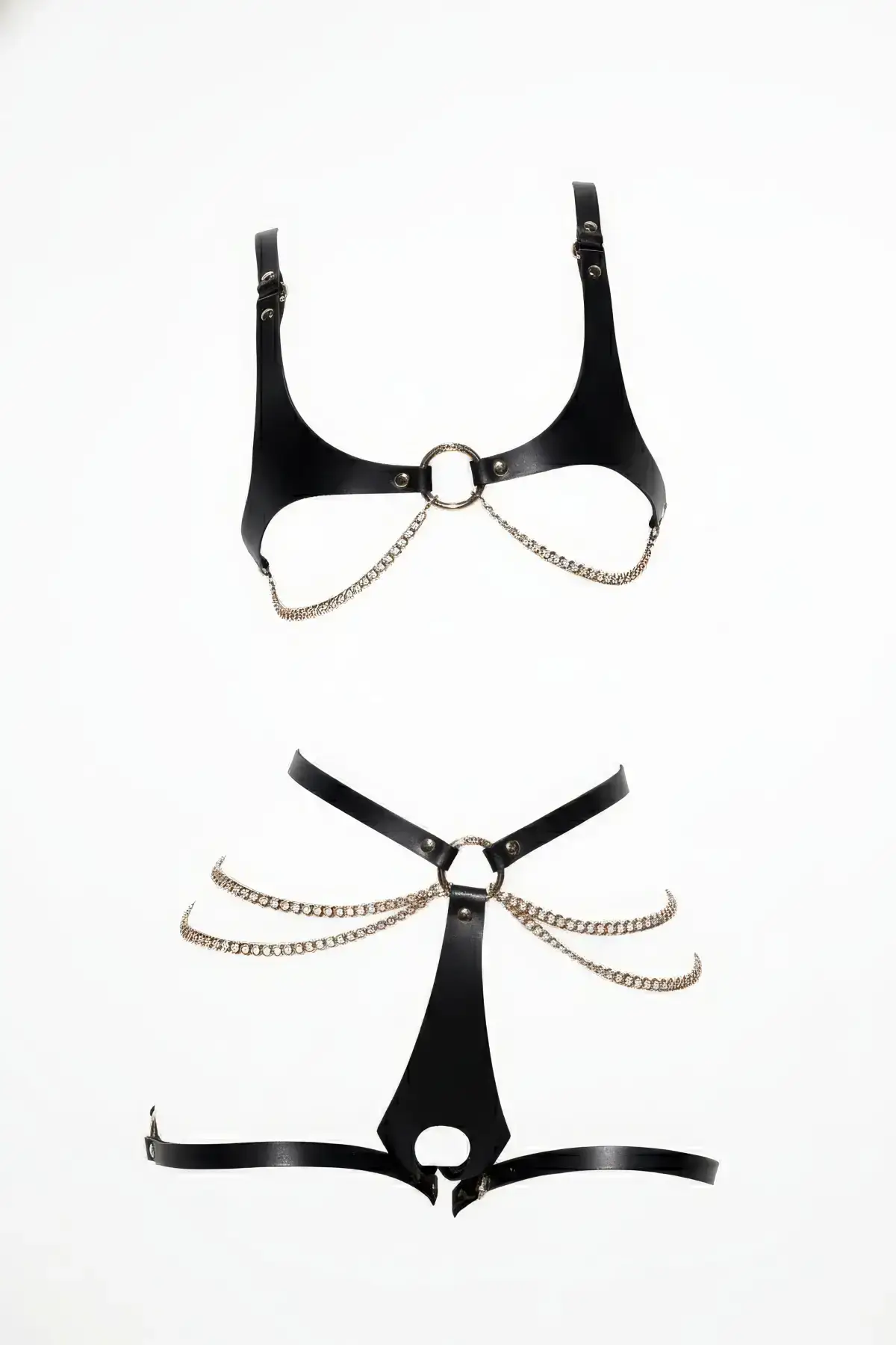 Black Harness Set with Chain Detail, Leather Body Accessory - SH1384
