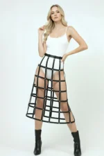 Black Skirt with Leather Trim and Cage Detail, Midi Length Leather Skirt - SH1396 - Image 4