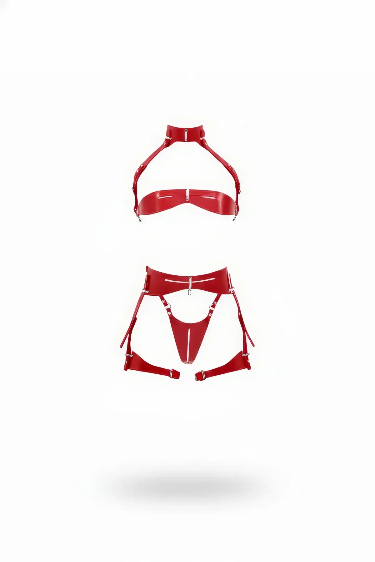 Red Chest Harness Shiny Leather Buckle Bodysuit - SH1405