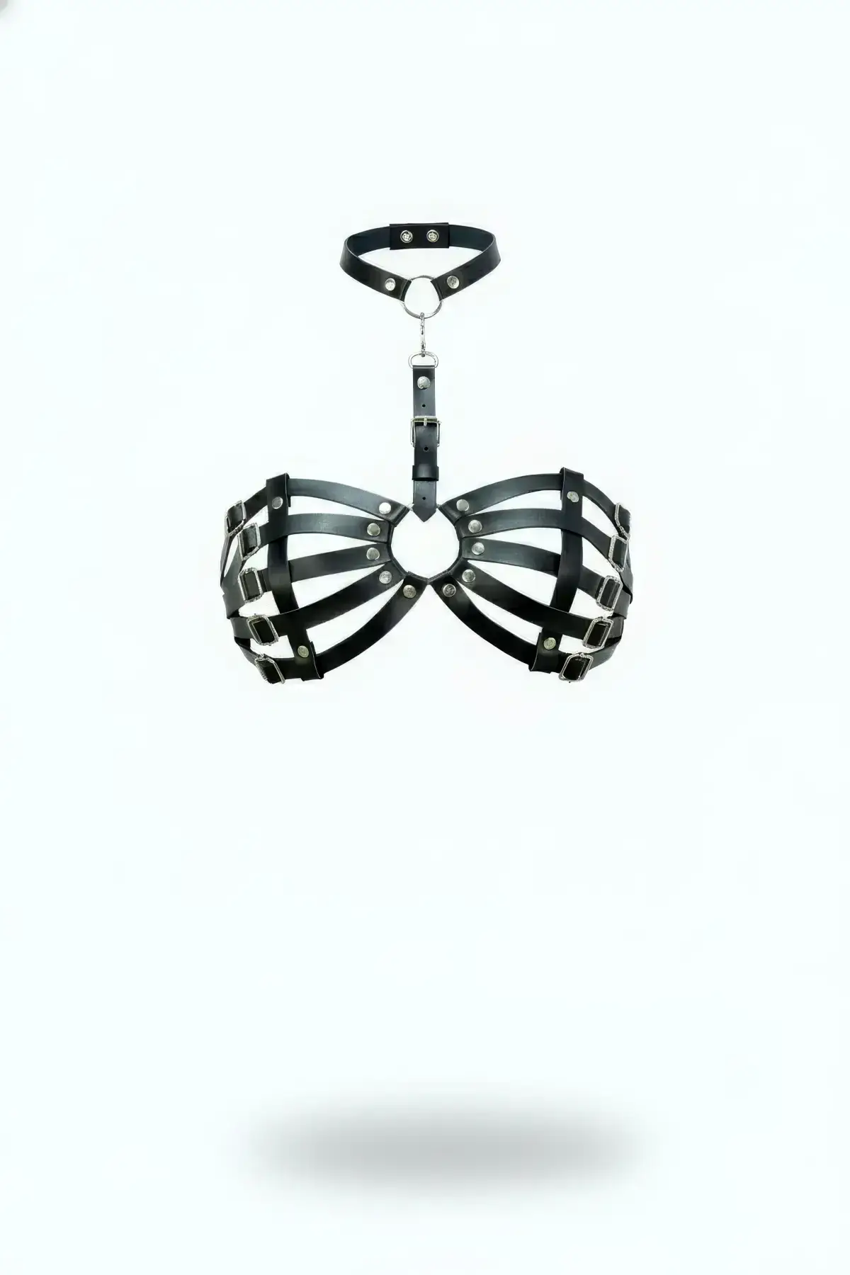 Black Chest Harness with Collar Detail, Cage-Style Leather - SH1408