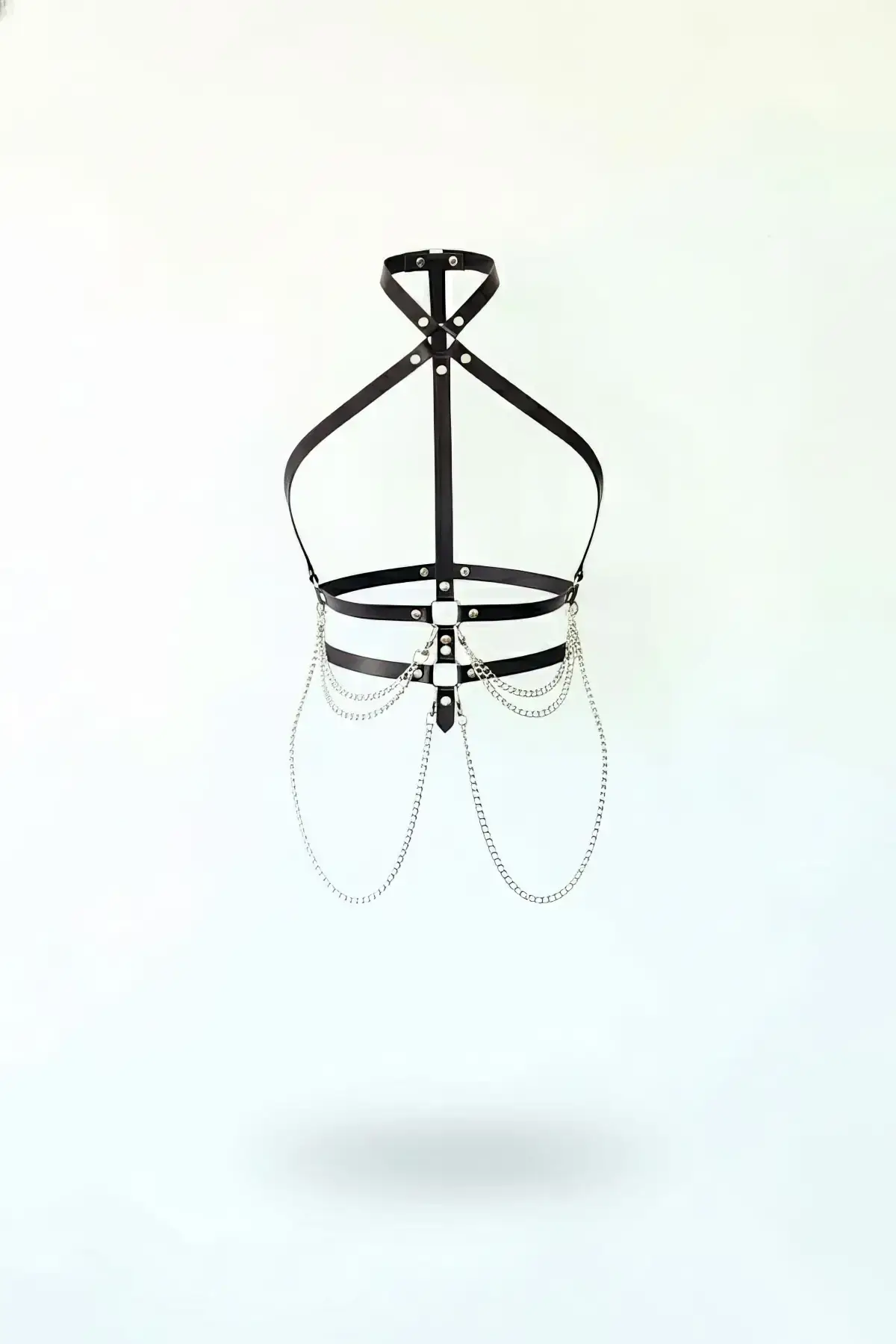 Black Women's Leather Body Belt with Chain Detail - SH3