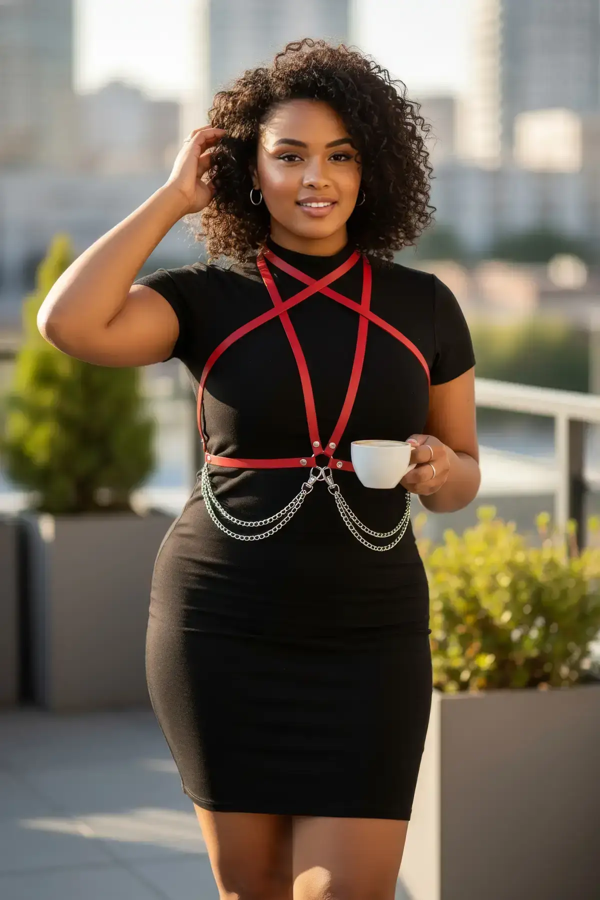 Plus Size Red Women's Leather Body Accessory with Belt and Chain Detail - SH52