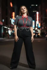 Plus Size Red Women's Leather Body Accessory with Belt and Chain Detail - SH52 - Image 3