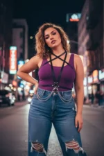 Plus Size Black Women's Leather Body Accessory with Belt and Chain Detail - SH52 - Image 4