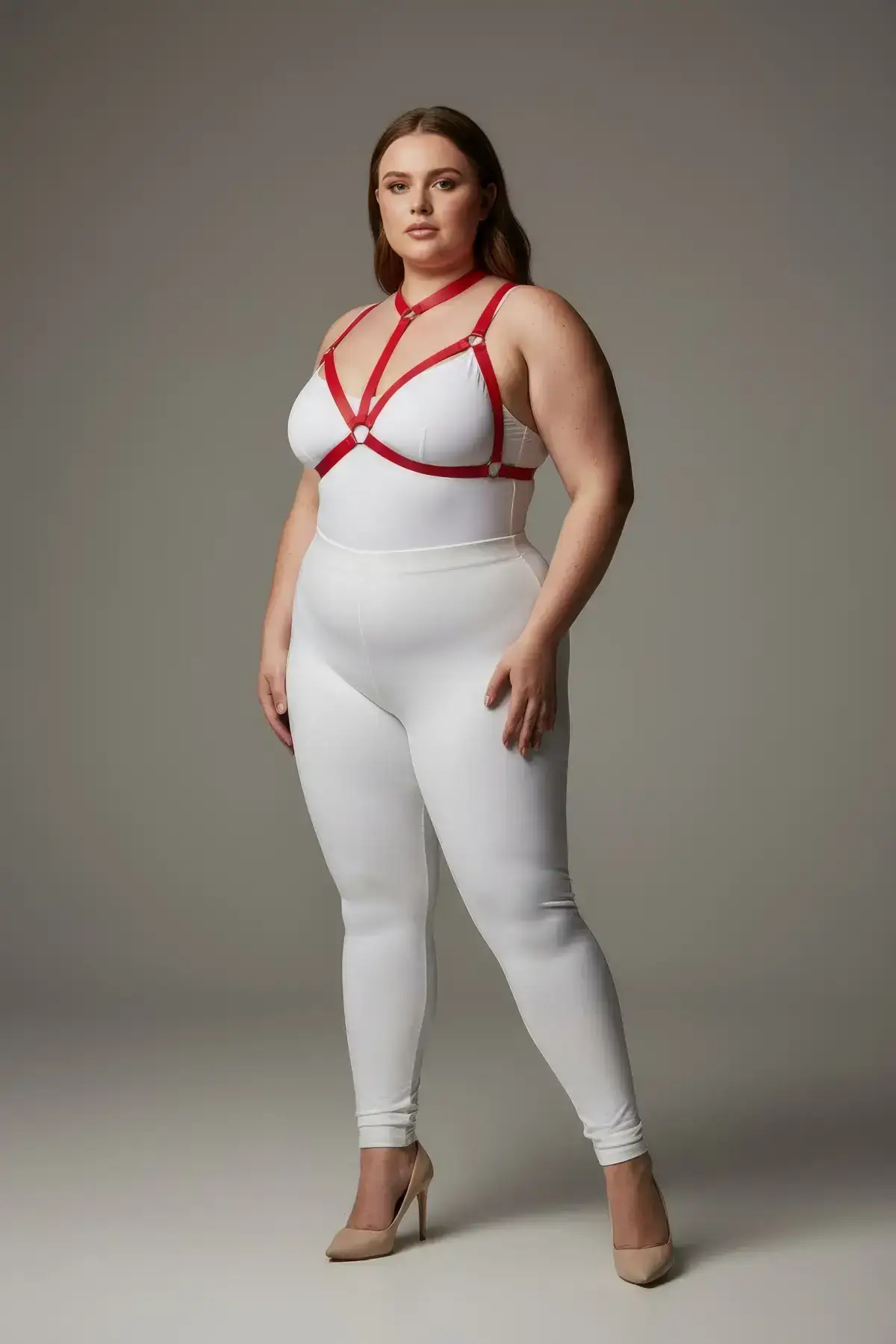 Plus Size Red Women's Harness Set with Ring Detail Elastic Fancy Accessory - SH93