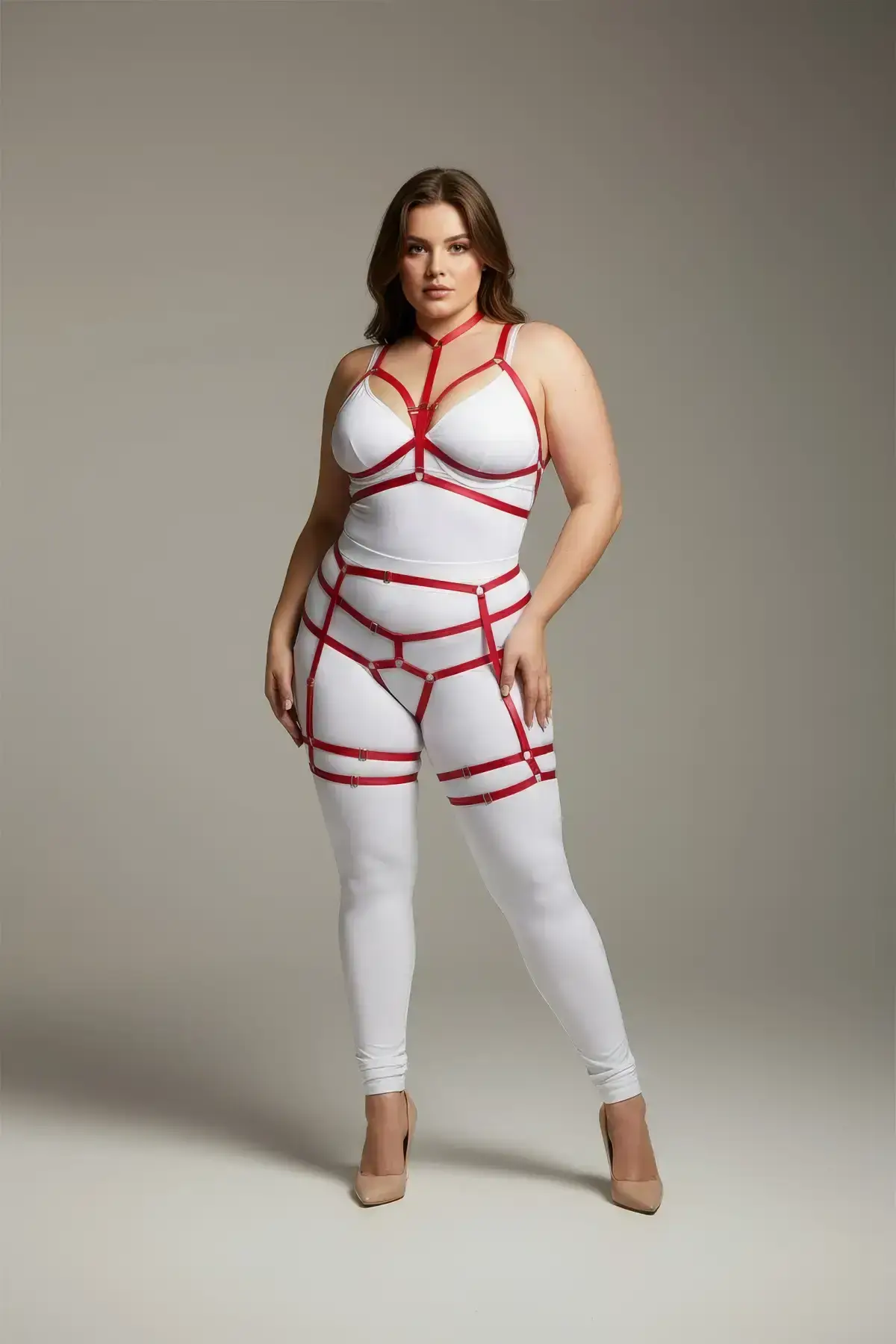 Plus Size Red Women's Garter Harness Body-Hugging Fantasy Leather Accessory - SH142