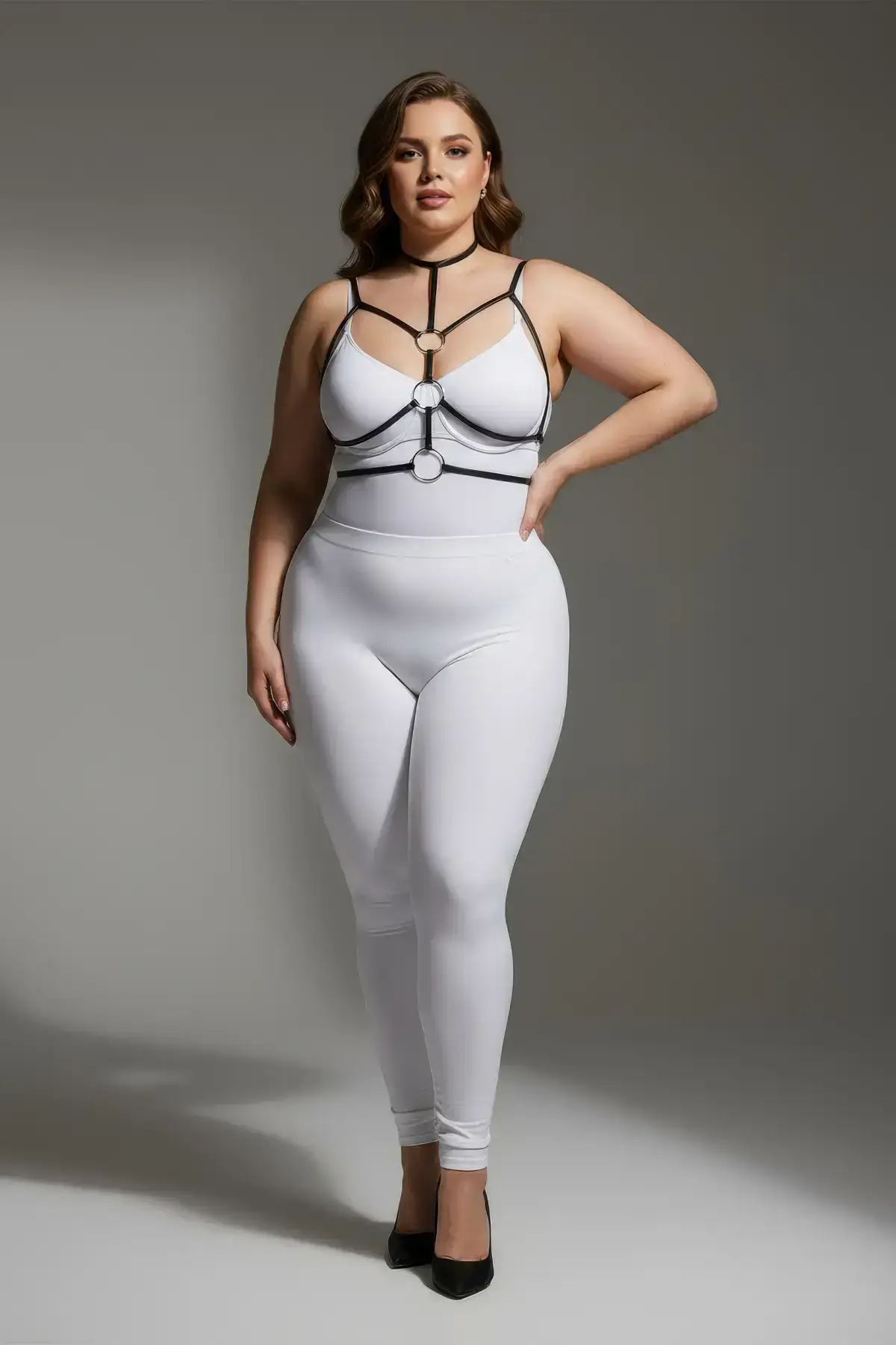 Plus Size Black Women's Harness with Ring and Neck Detail Elastic Accessory - SH184