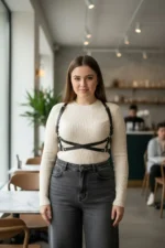 Plus Size Black Women's Leather Belt Harness Body Accessory with Cross Detail - SH204