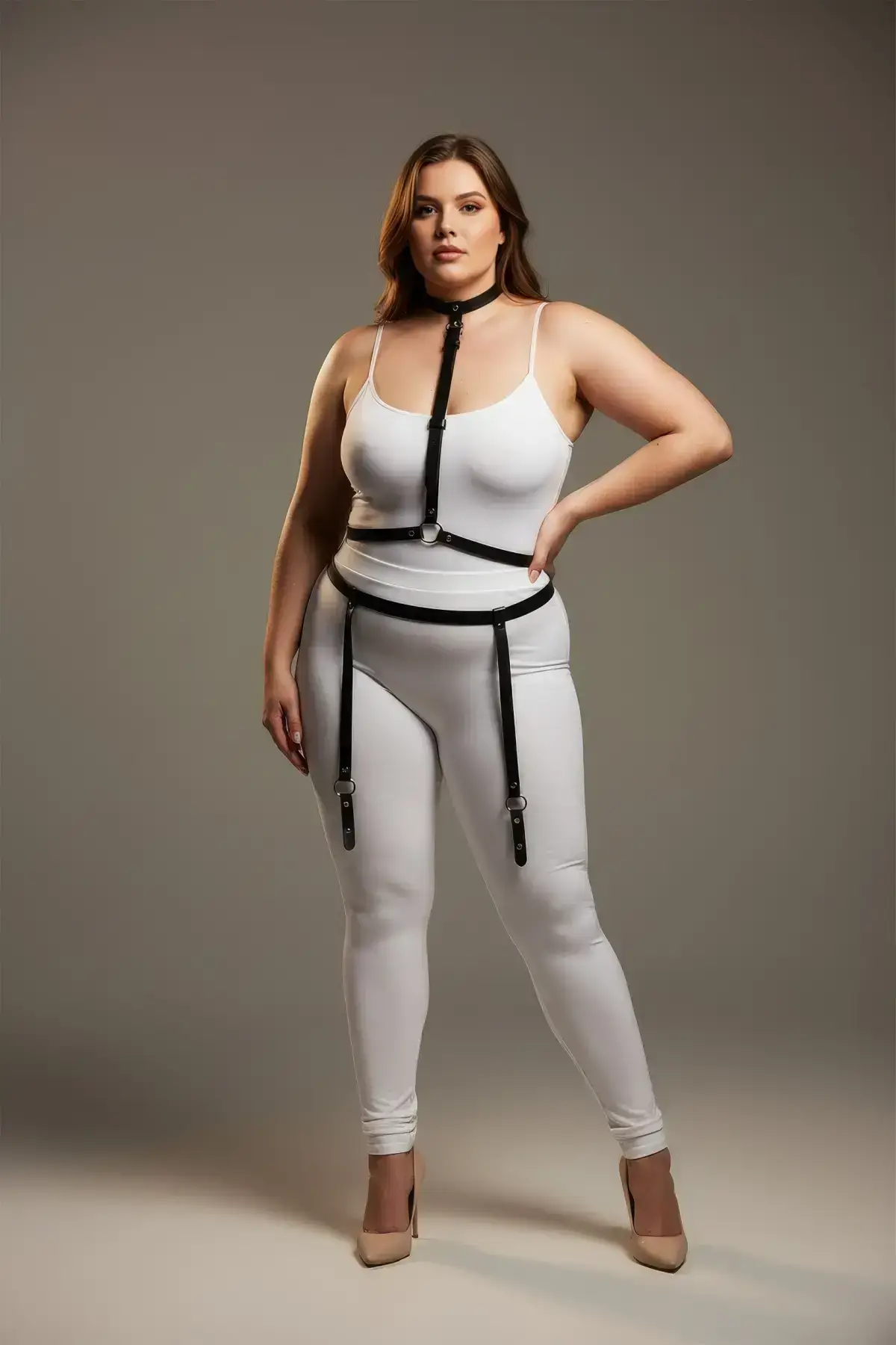 Plus Size Black Women's Garter Harness with Neck and Leg Details Leather Accessory - SH230