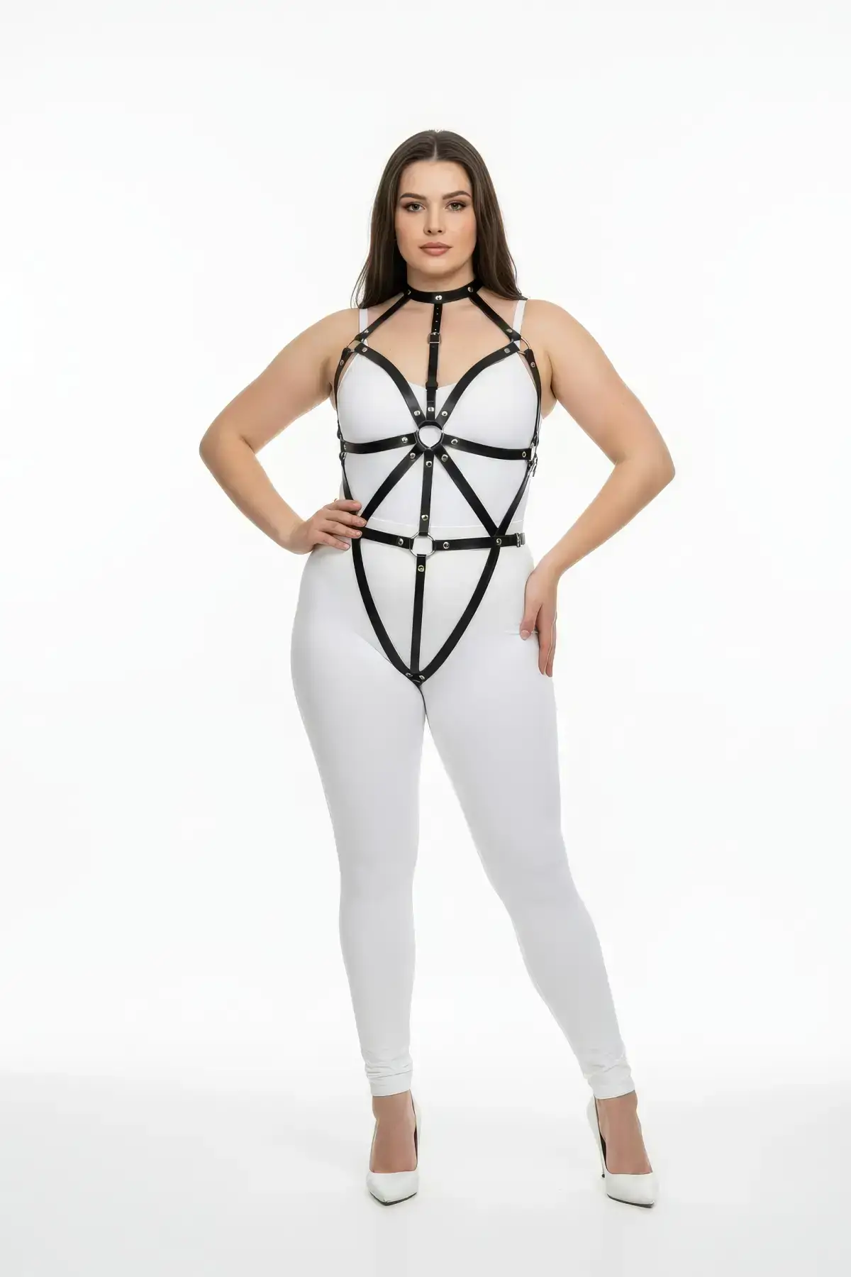 Plus Size Black Women's Harness Set Body-Hugging Leather with Ring Detail - SH243